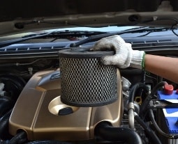 Fachmann wechselt den Luftfilter im Automotor 